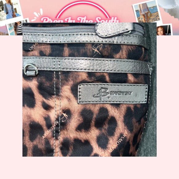 👜 B. Makowsky Pebble Leather Crossbody | Pewter Metallic | Leopard lining - Picture 4 of 8